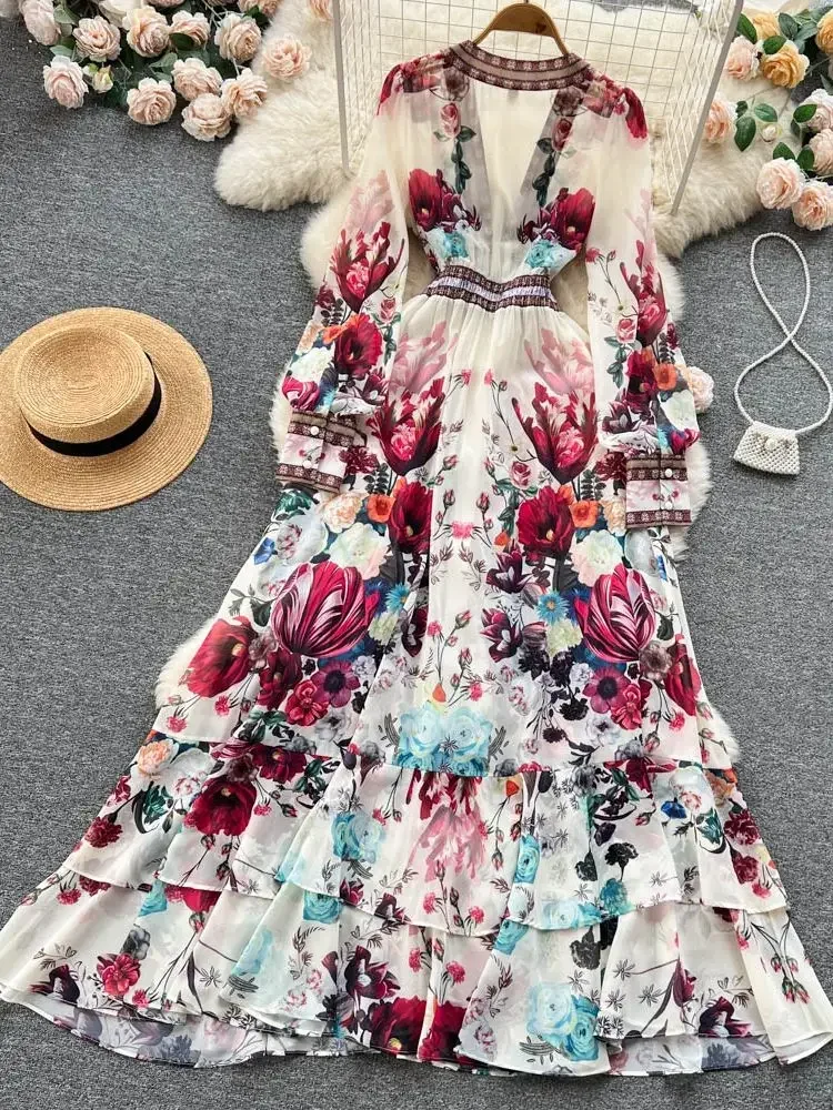 

Summer New Fashion Flower Chiffon Cascading Ruffles Dress Women Deep V Neck Long Sleeve Floral Print Female Vestido