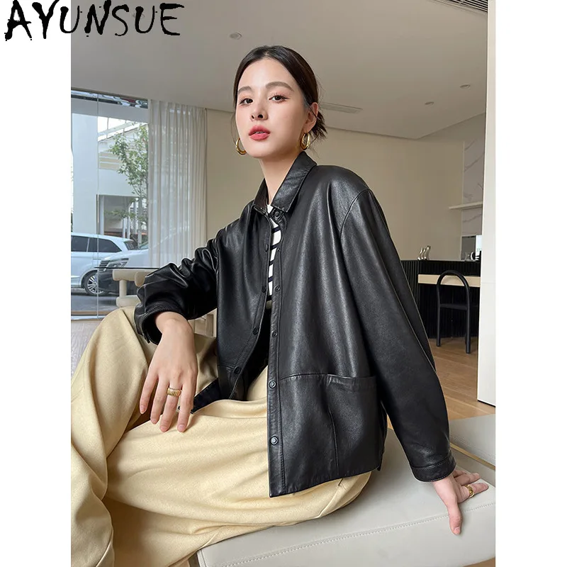 AYUNSUE Damska kurtka ze skóry naturalnej Jesienne ubrania 2025 Skóra owcza garbowana roślinnie Płaszcze Nowy styl Jaqueta De Couro Kołnierz Polo