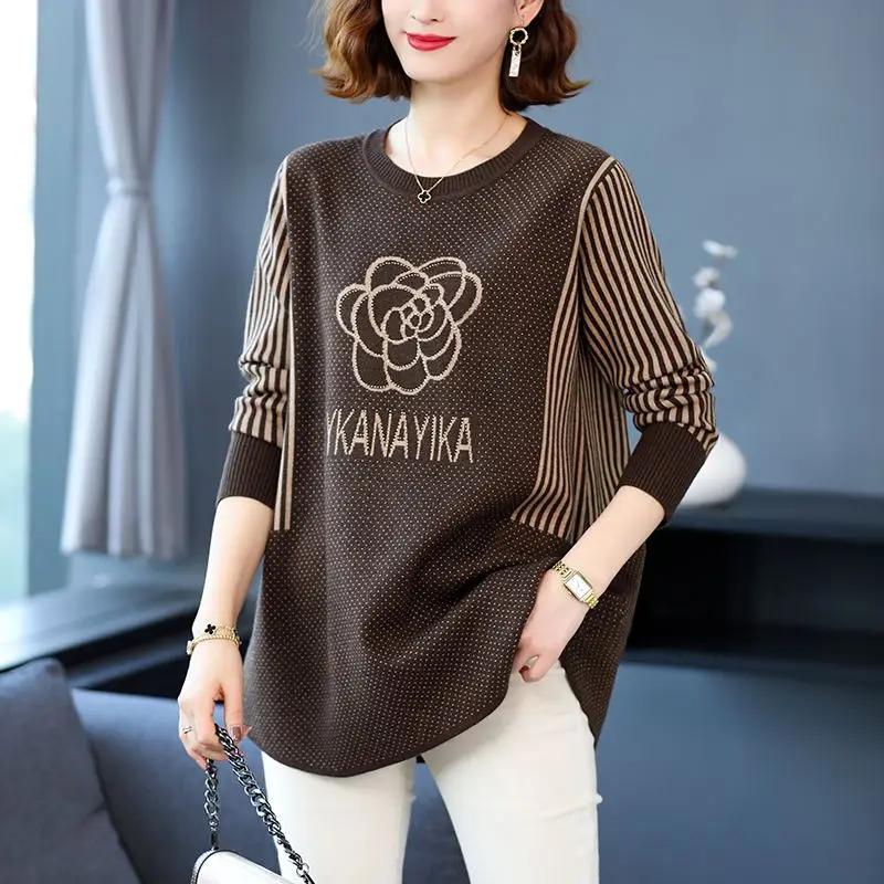เสื้อสเวตเตอร์แบบสวมหัวโอเวอร์ไซส์สำหรับผู้หญิงเสื้อถักคอกลมพิมพ์ลายผ้าบางทรงหลวม2023ฤดูใบไม้ร่วงแฟชั่นใหม่