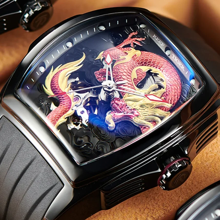 리프 타이거 남성용 오토매틱 시계, 기계식 손목시계, 토노형, 야광, 방수, 사파이어 미러, 스켈레톤 드래곤 다이얼