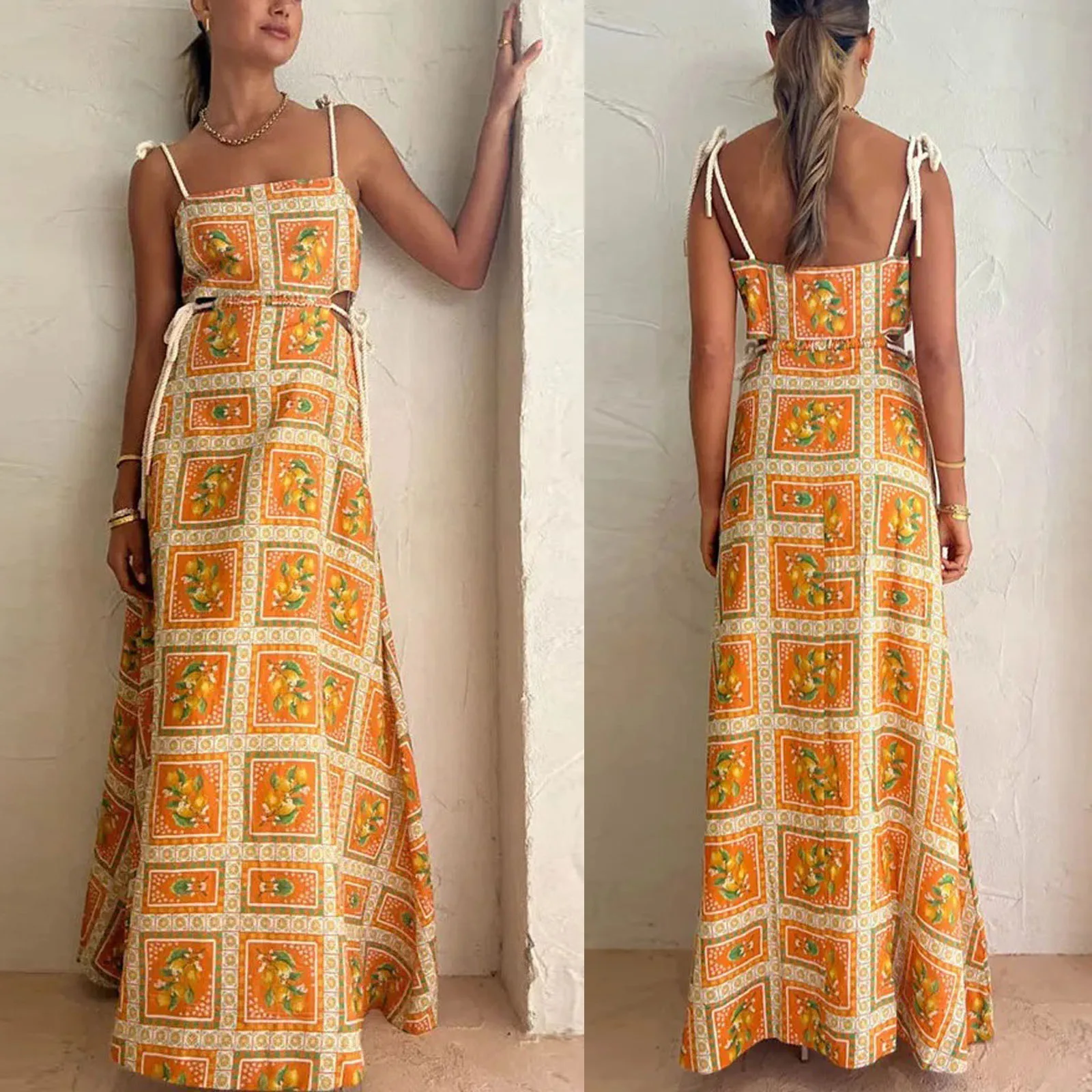 Women Lacing-up Dress Waist Cut-out Orange Print Square Neck Sleeveless Backless Flowy Cami Long Dresses