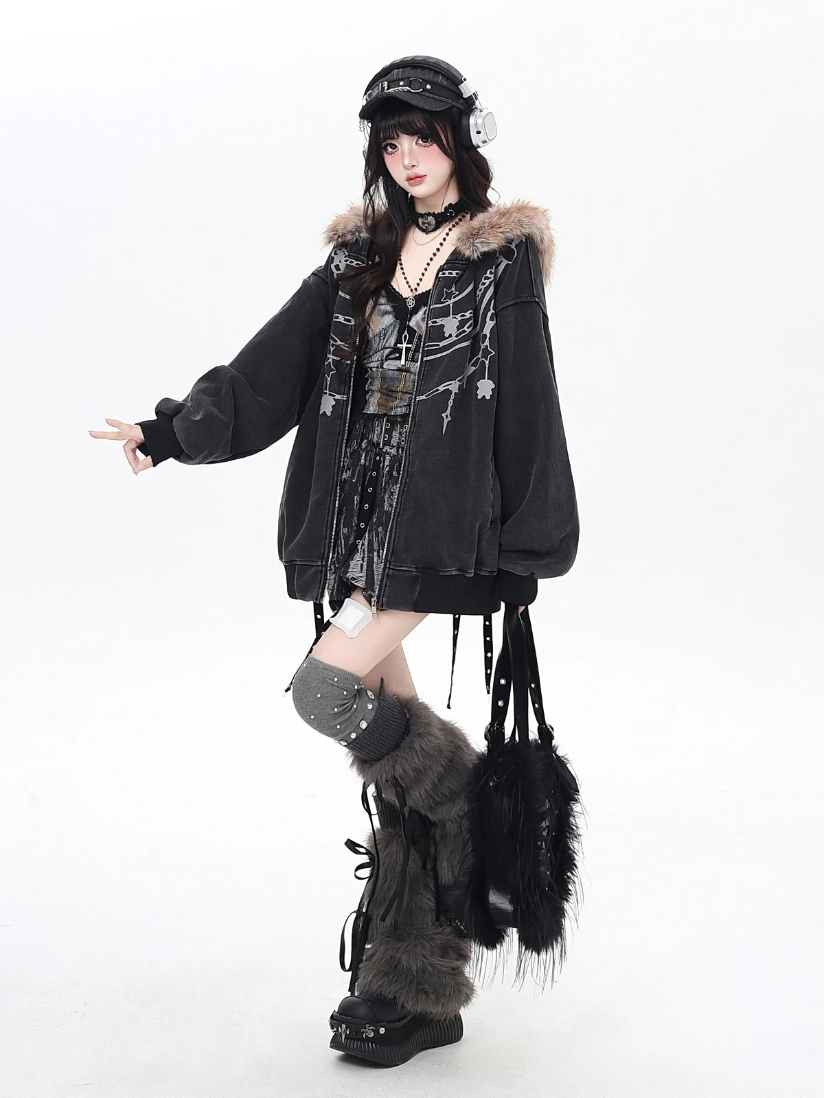 Style américain rétro mode rue vestes à capuche col de fourrure détachable imprimé ample polyvalent pulls décontractés femmes automne