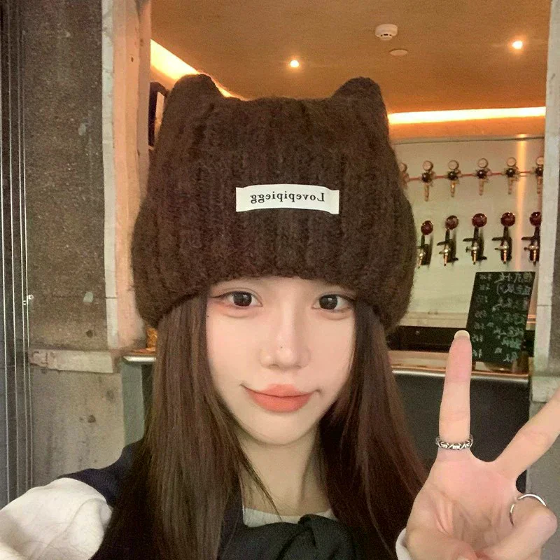 Berretti lavorati a maglia con orecchie di gatto 1PC, graziosi cappelli di lana caldi invernali per le donne, copricapo di moda in stile coreano