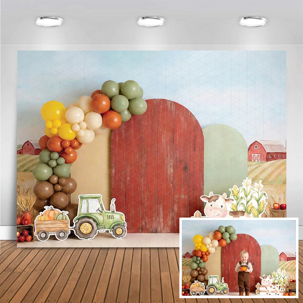 Farm Tractor Photography Backdrop Tractor Cow Pumpkin Apple Fall Harvest Balloon Garland Rustic Wood Door Decor Photo Background