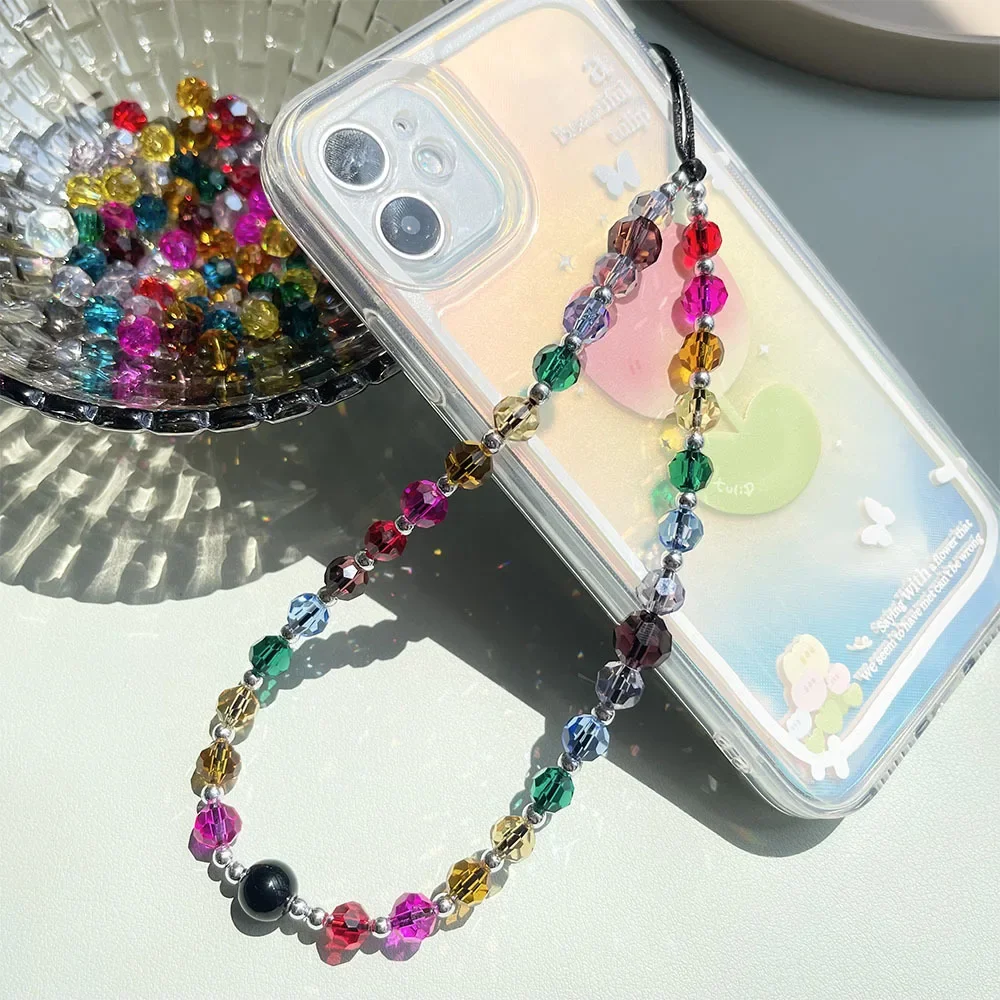 Rainbow Color Crystal Phone Charm Strap Transparent Colorful Glass Acrylic Beaded Cell Phone Chain Trendy Airpods Camera Lanyard
