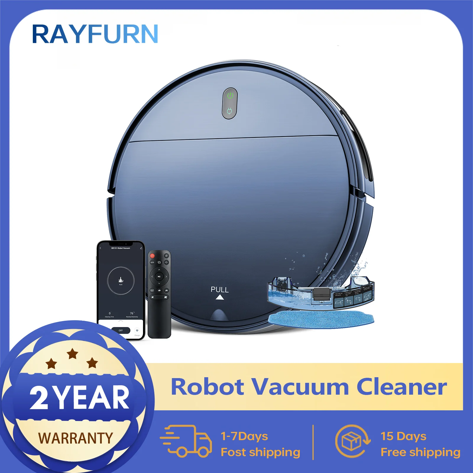 RAYFURN BR151 Robot aspirapolvere, aspirazione 6000 Pa, APP/telecomando, ricarica automatica, controllo APP Smart Home Floor Carpet Clean