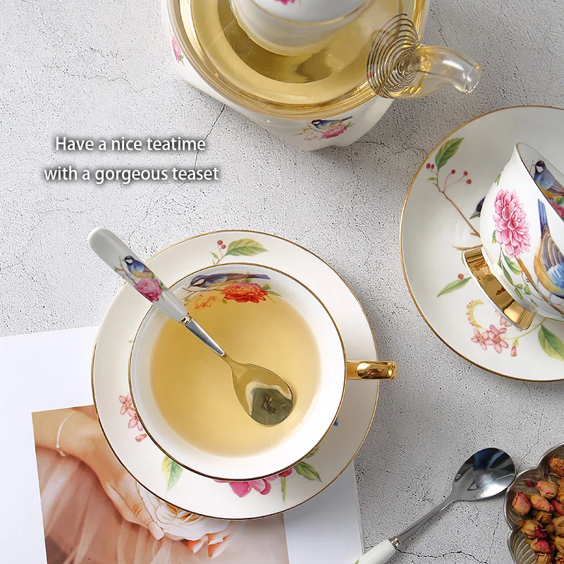 Pastoral Bird Bone China Tea Set Ceramic Tea Cup Pot with Candler Strainer Floral Glass Teapot Set Ceremony Teaware Teacup