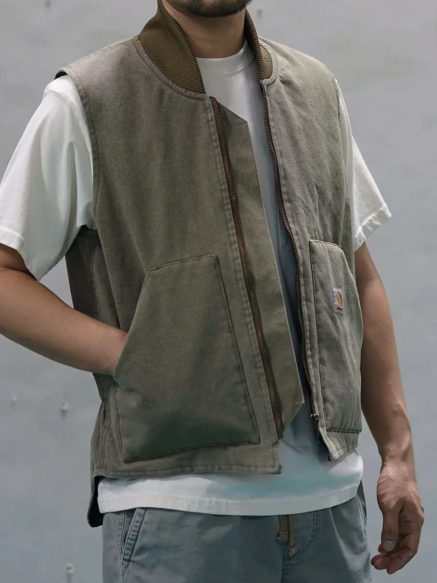 Men\'s Canvas Quilted Vest Rib Collar Autumn Winter Insulated Gilet