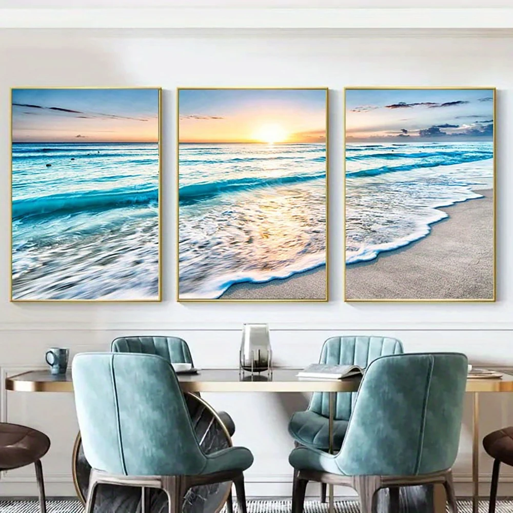 3PCS Beach Ocean Sunset Canvas Print, Sea Wave Landscape Art For Living Room Wall Decoration