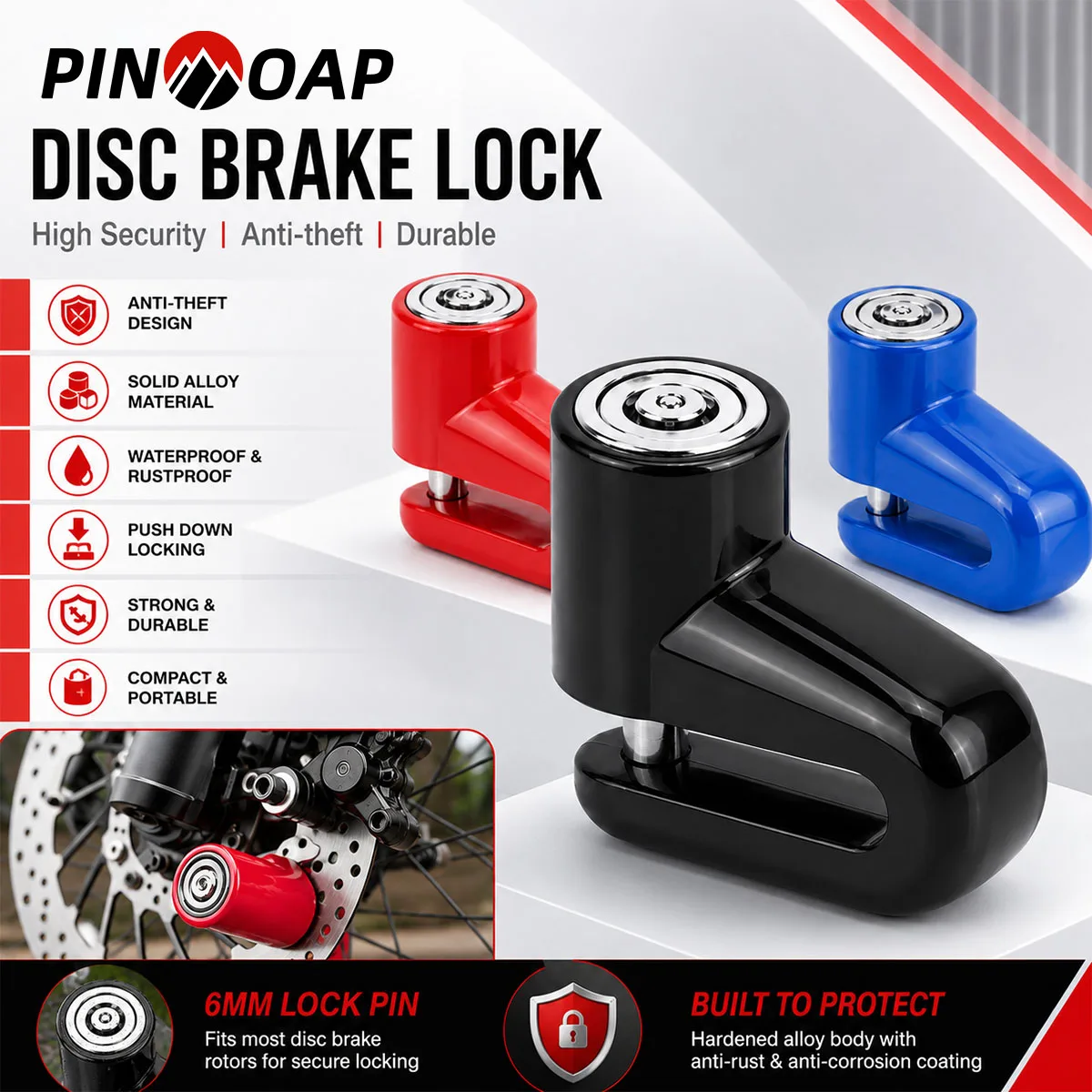 PINMOAP 1PC Portable Bike Disc Brake Lock Anti Theft Bicycle Security Alarm Lock Fit Mountain Road Bike Scooter Cycling Safety