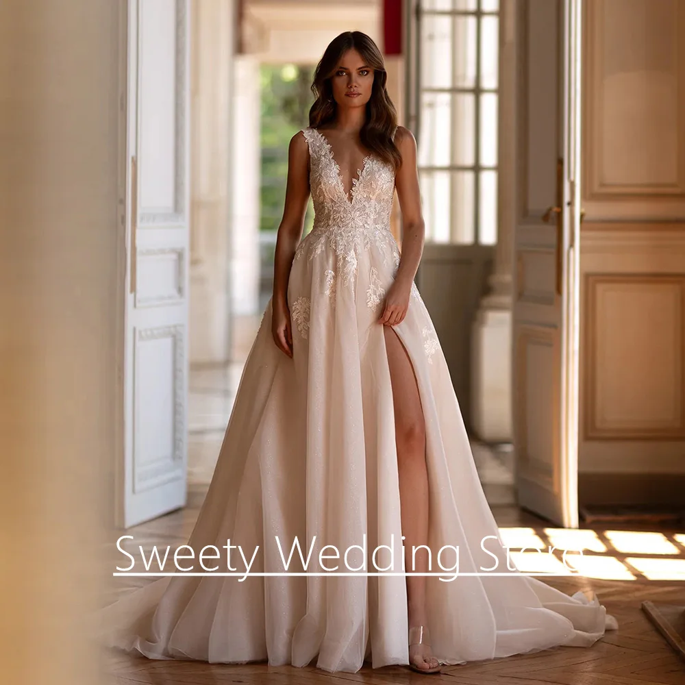

Champagne Wedding Dress for Bride Customized V Neck Open Back Sparkling Applique Tulle A Line Split Bridal Gown Sweep Train