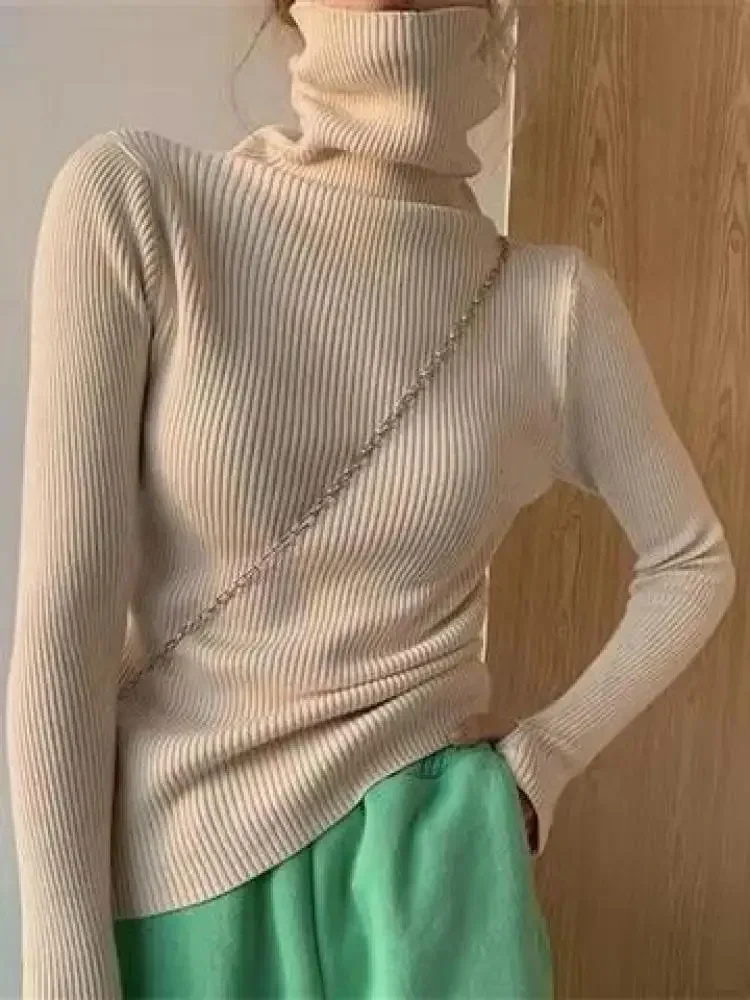 เสื้อสเวตเตอร์คอเต่าผู้หญิง ดีไซน์เรียบหรู สไตล์เกาหลี ผ้าถักแบบพื้นฐาน สวมใส่สบาย มีช่องสำหรับนิ้วโป้ง แฟชั่นทันสมัย