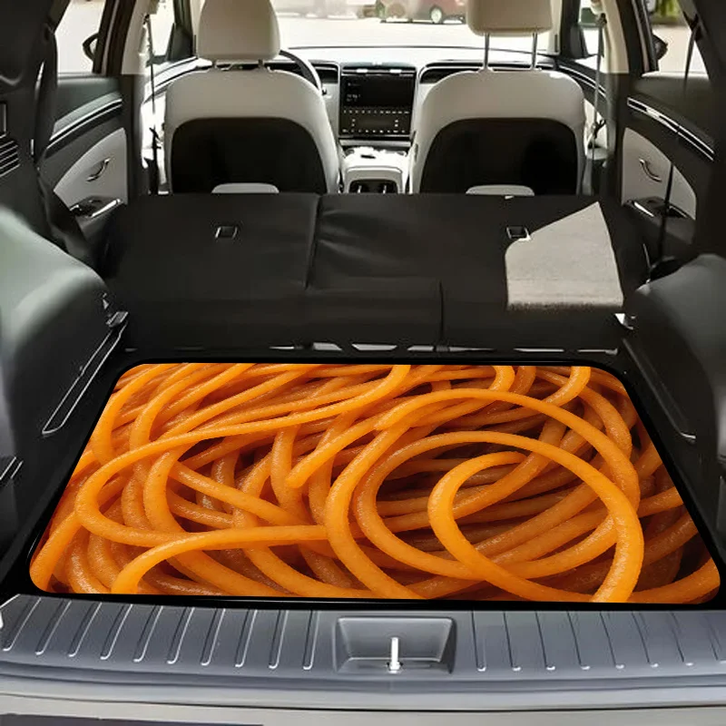Car Trunk Mat, Close-up Fresh Uncooked/Cooked Spaghetti Noodles With Reddish-Orange Sauce, Uniform Bright Orange Hue, Smooth Glo