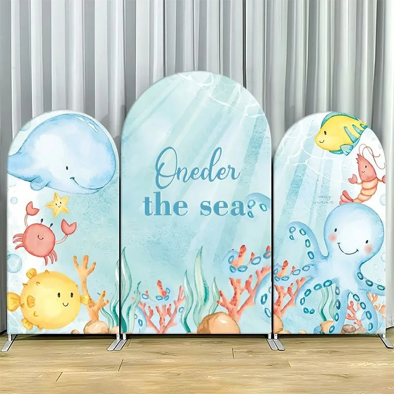 Fondo de Arco de una Sola Cara con Diseño Temático del Océano Bajo el Mar, con Ballenas, Pulpos, Peces, Corales y Algas Marinas