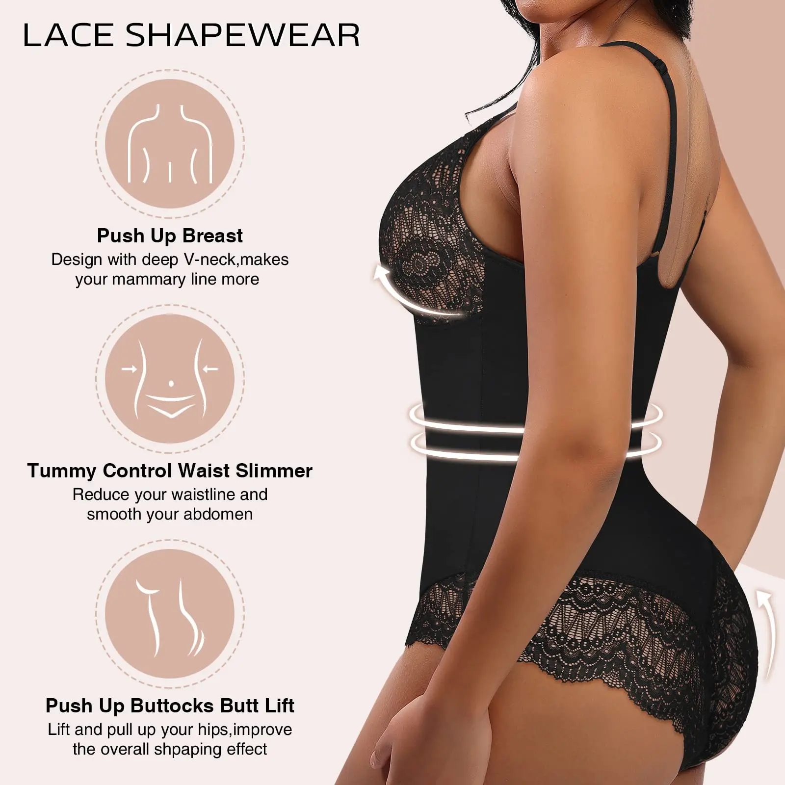 Pop Lace Bodysuit for Women Tummy Control Shapewear V Neck Backless Tank Tops One Piece Body Shaper Fajas Thongs Sexy Body Shape