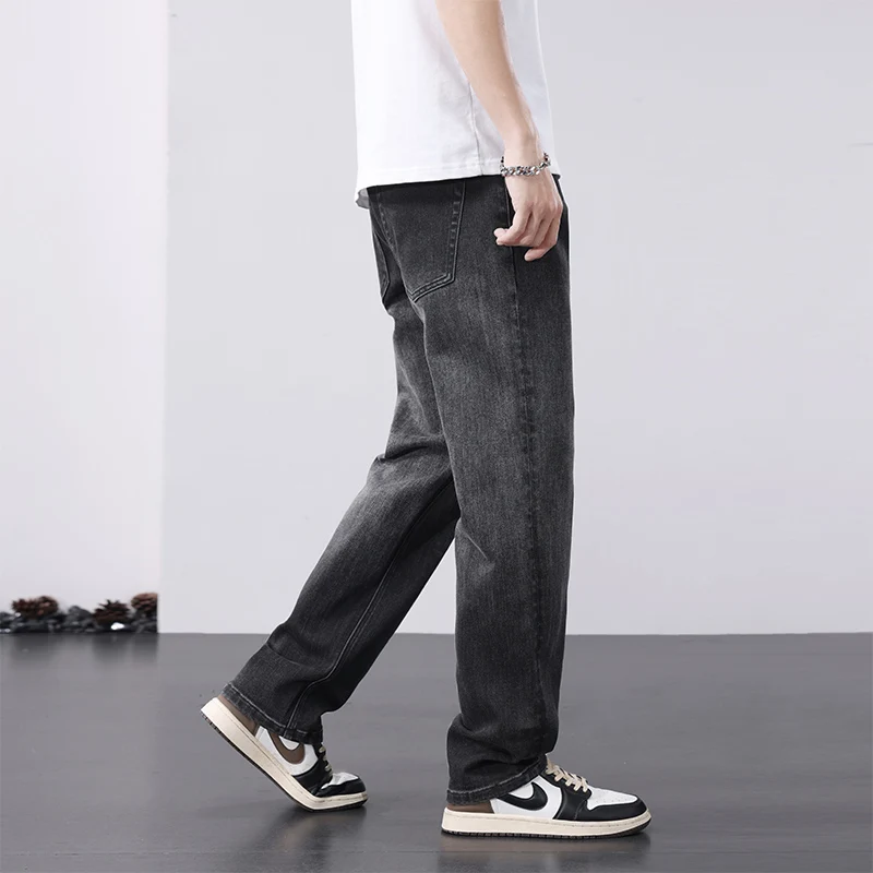 European and American retro spring/summer new black loose straight leg high street elastic denim pants wide leg jeans for men