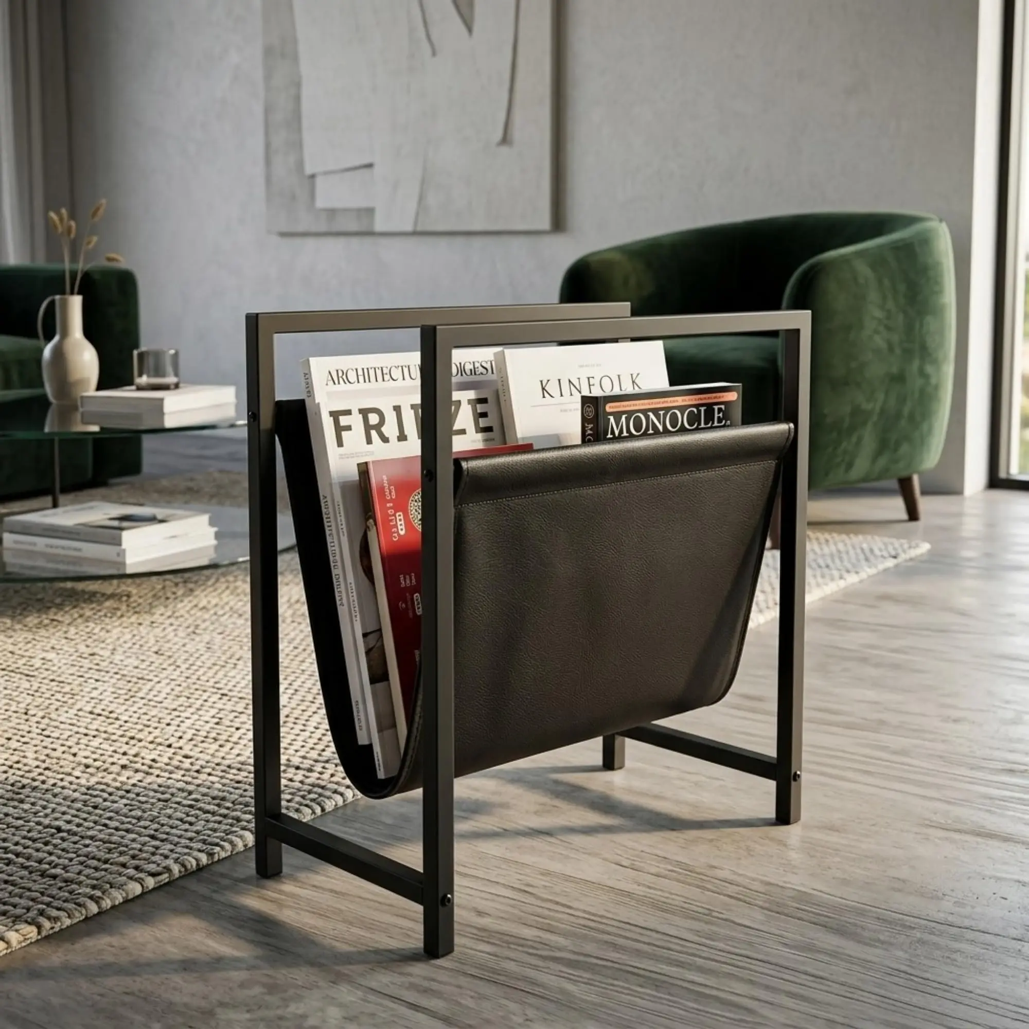 Modern Magazine Rack for Living Room and Office | Freestanding Metal and Leather Magazine Holder | Contemporary Storage