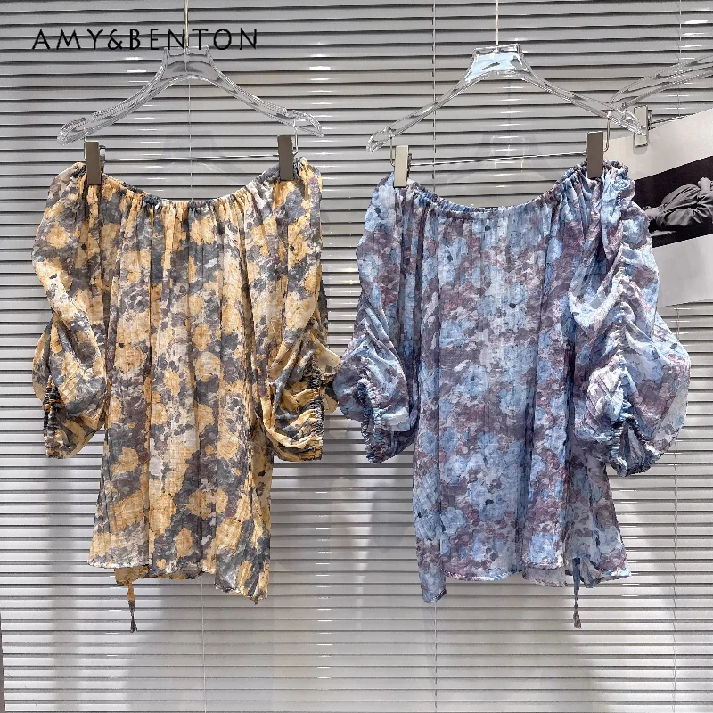 

French Design Shoulder Color Flower Pattern Bubble Sleeve Women's Chiffon Shirt 2026 New Sweet Cute Loose Versatile Top Ladies