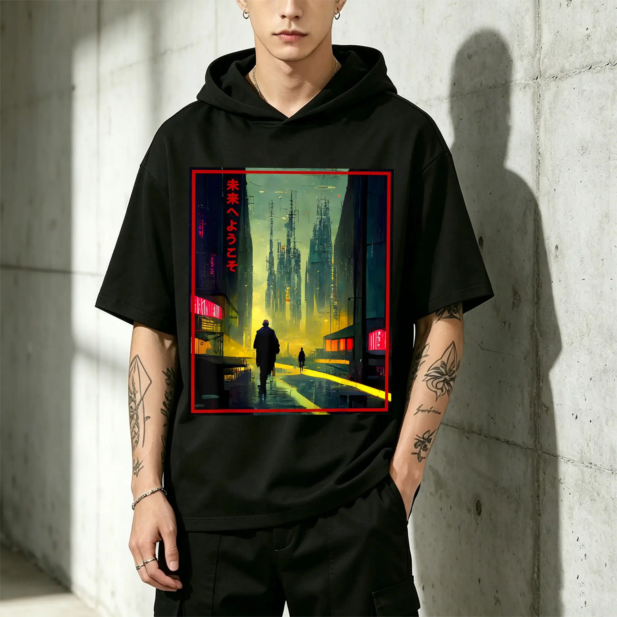 1 Piece Men's Cyberpunk Futuristic Welcome Poster T-Shirt, Casual and Comfortable, Fitted Cut