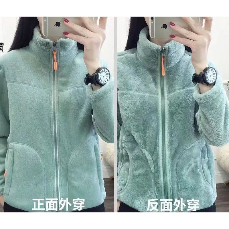 2025 Femme Stand Collar Outwear Retro Women Large Size 4XL Reversible Jacket Spring Autumn Ladies Solid Color Polar Fleece Coat