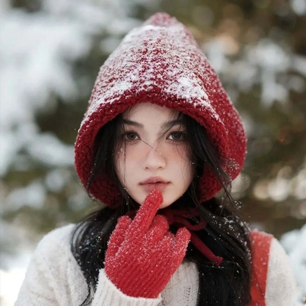 Personality Fluffy New Year Red Hat Solid Color Anti-cold Lambswool Cap Windproof Warmer Ear Protection Hat Winter