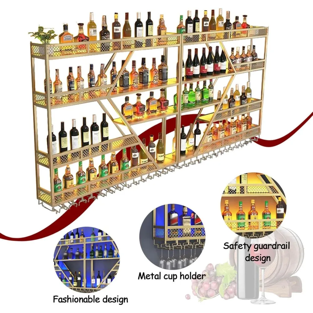 رف نبيذ كبير مثبت على الحائط مكون من 4 طبقات - حامل زجاجات معدني حديث على شكل ألماس لتخزين البار