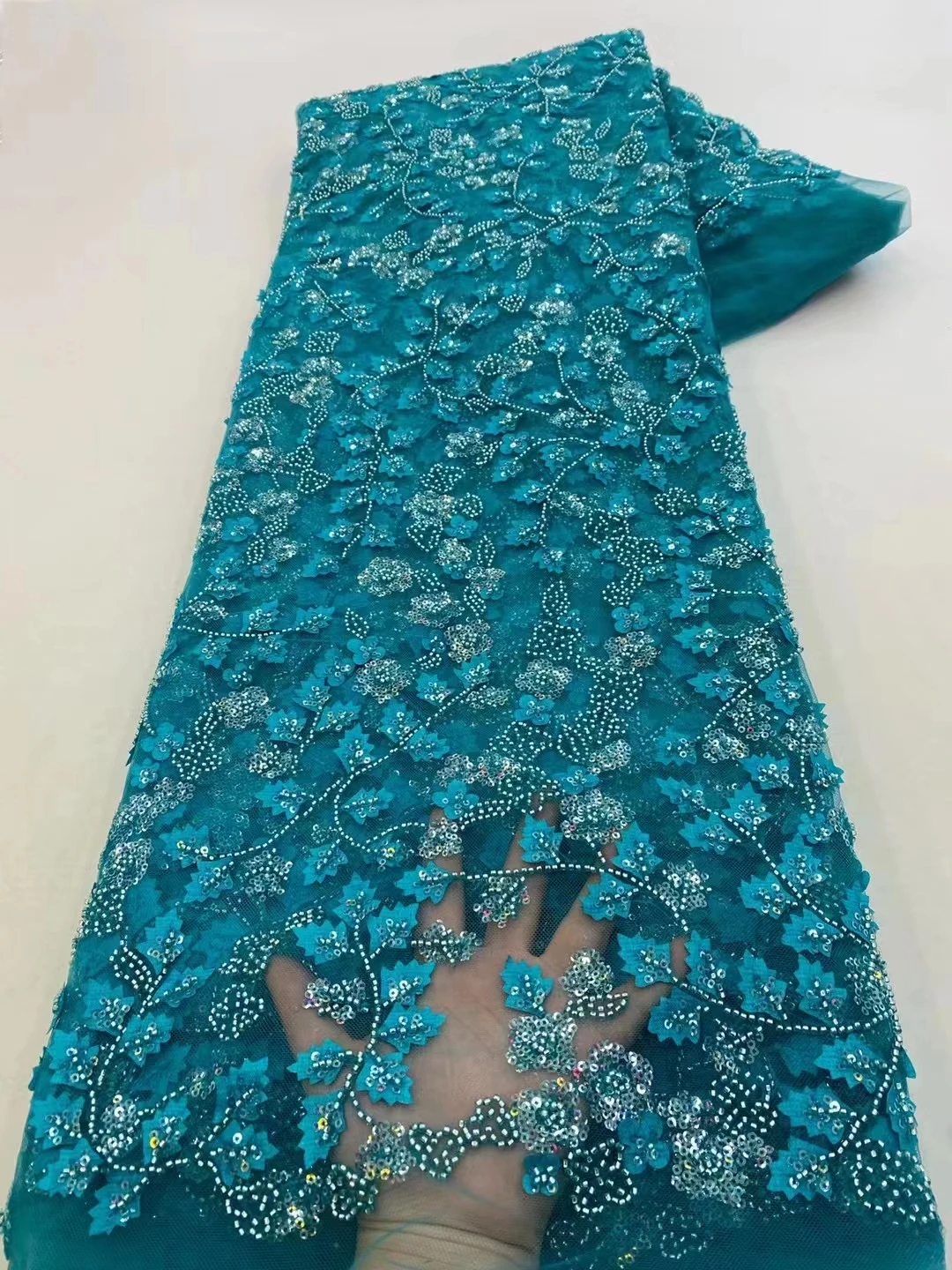 

Fashion African lace fabric 2023 latest high quality French Nigerian Heavy Beads tulle Mesh sequins lace wedding fabric KXX23124