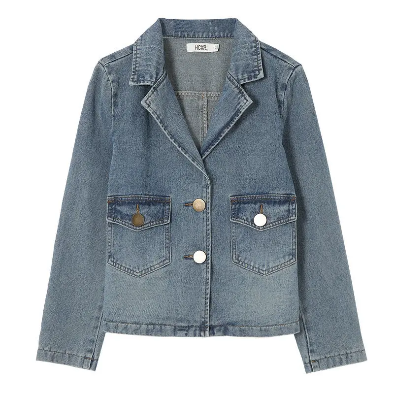 Veste en jean à col imbibé pour femme, maillot de baseball décontracté, haut court polyvalent à manches longues, mode printemps et automne, nouveau, 2023