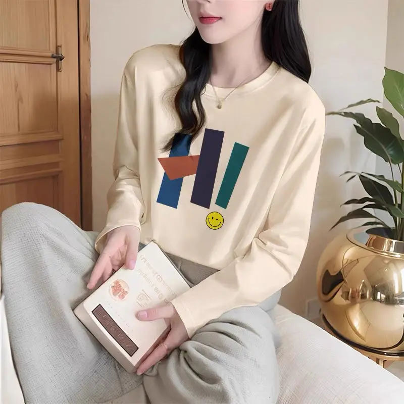 Autumn Pure Cotton O-neck Long Sleeve Tshirt Women Clothing Fashion Letter Print Pullover Office Lady Oversized Top Tee 35-100Kg