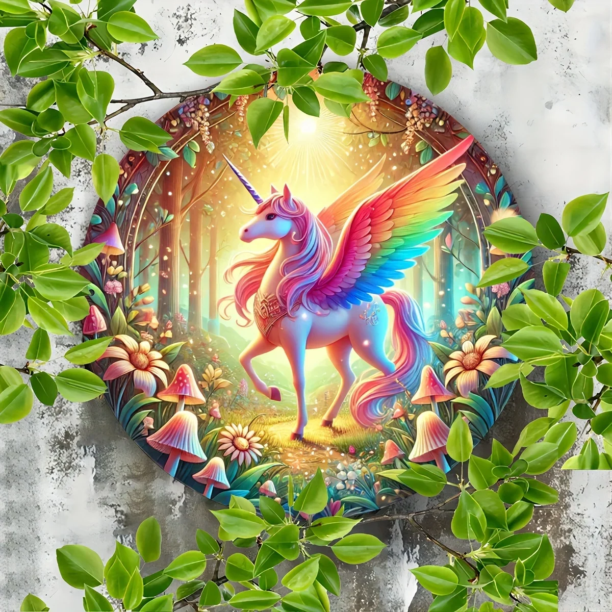 2D Flaches Rundes Metallschild Einhorn Regenbogenflügel Fantasiewald Vintage Metall-Blechschild Wasserfest Wandkunst für Zuhause Kinderzimmer