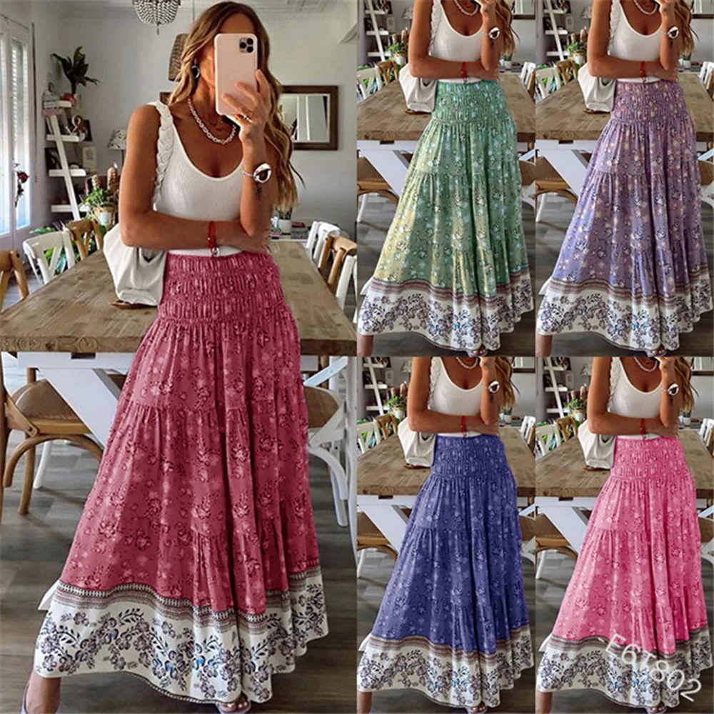 Boho Casual Drucken Maxi Rock Frauen Sommer Mode Sexy Hohe Taille Röcke Frauen 2021 Rosa Strand Floral A-line Lange Röcke femme