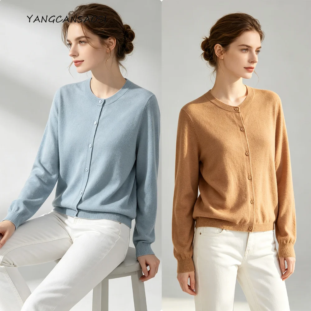 Women's Casual Autumn Clothing 100% Wool Soft Glutinous Round Neck Single Breasted Simple Knitted Cardigan