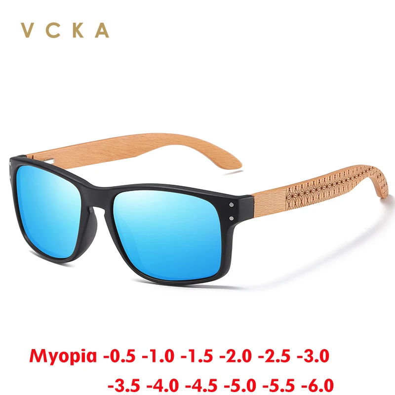 VCKA Natural Wooden Temples Myopia Sunglasses Fashion Men Women Square Eyewear Oculos De Sol Prescription Glasses -0.50 to -10