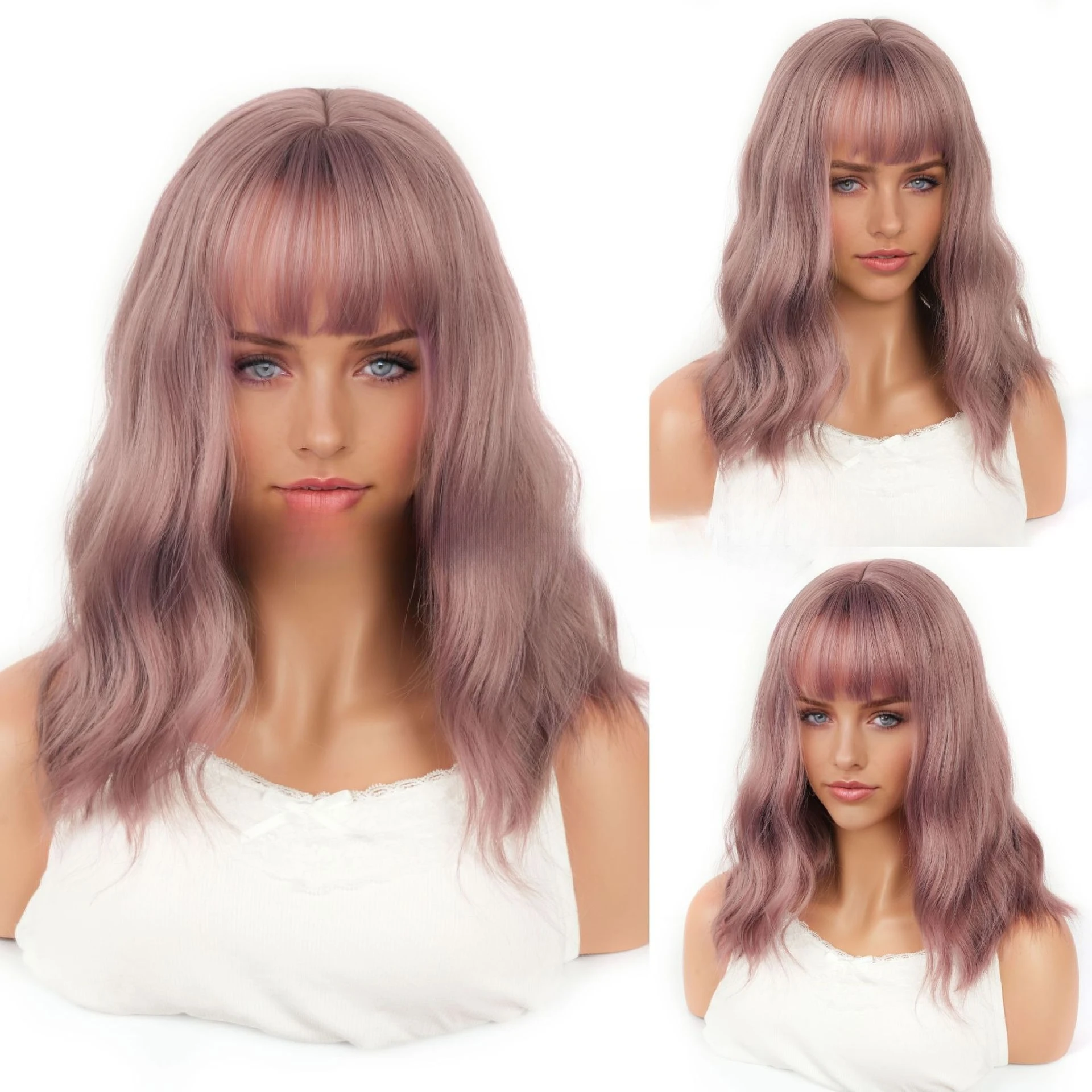 

New European and American wigs, female pink, Qi bangs, water ripples, short rolls, small waves, corn permed wigs, full headgear.
