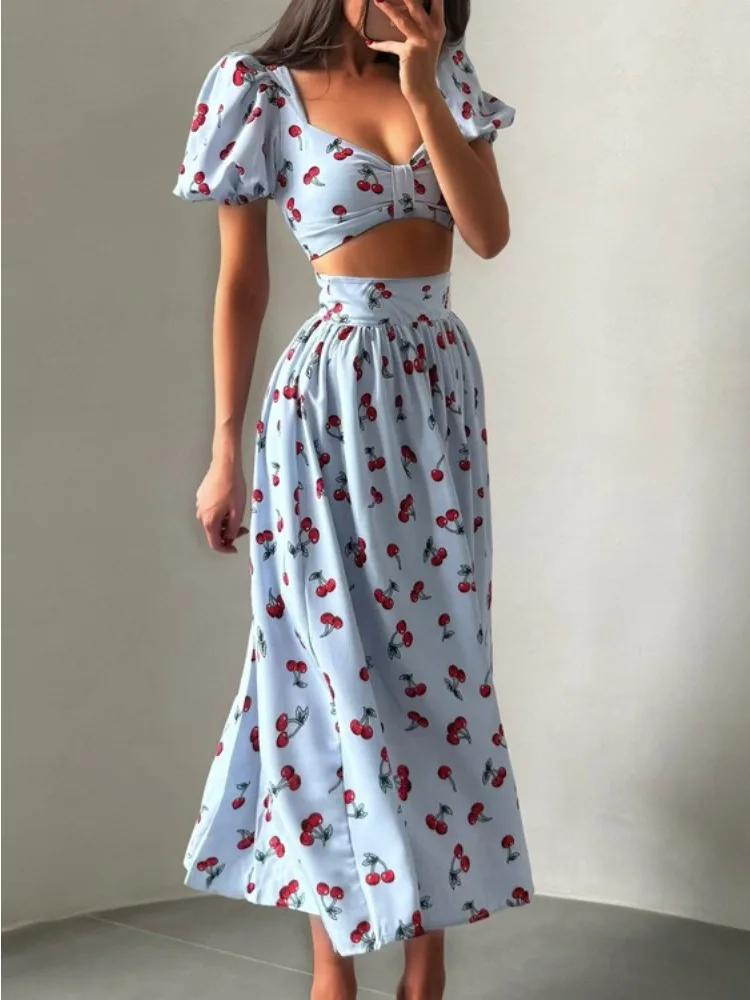 LIinar 2026 Summer New Printed Puff-Sleeve Cropped Top Fitted Midi Skirt Two-Piece Set Vacation-Style Sexy Midi Skirt Set