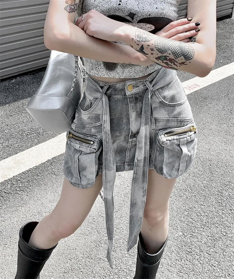 Camouflage Heavy Industry Workwear Denim Skirt Women's Summer 2023 American Retro High Waist Hip Short Skirt