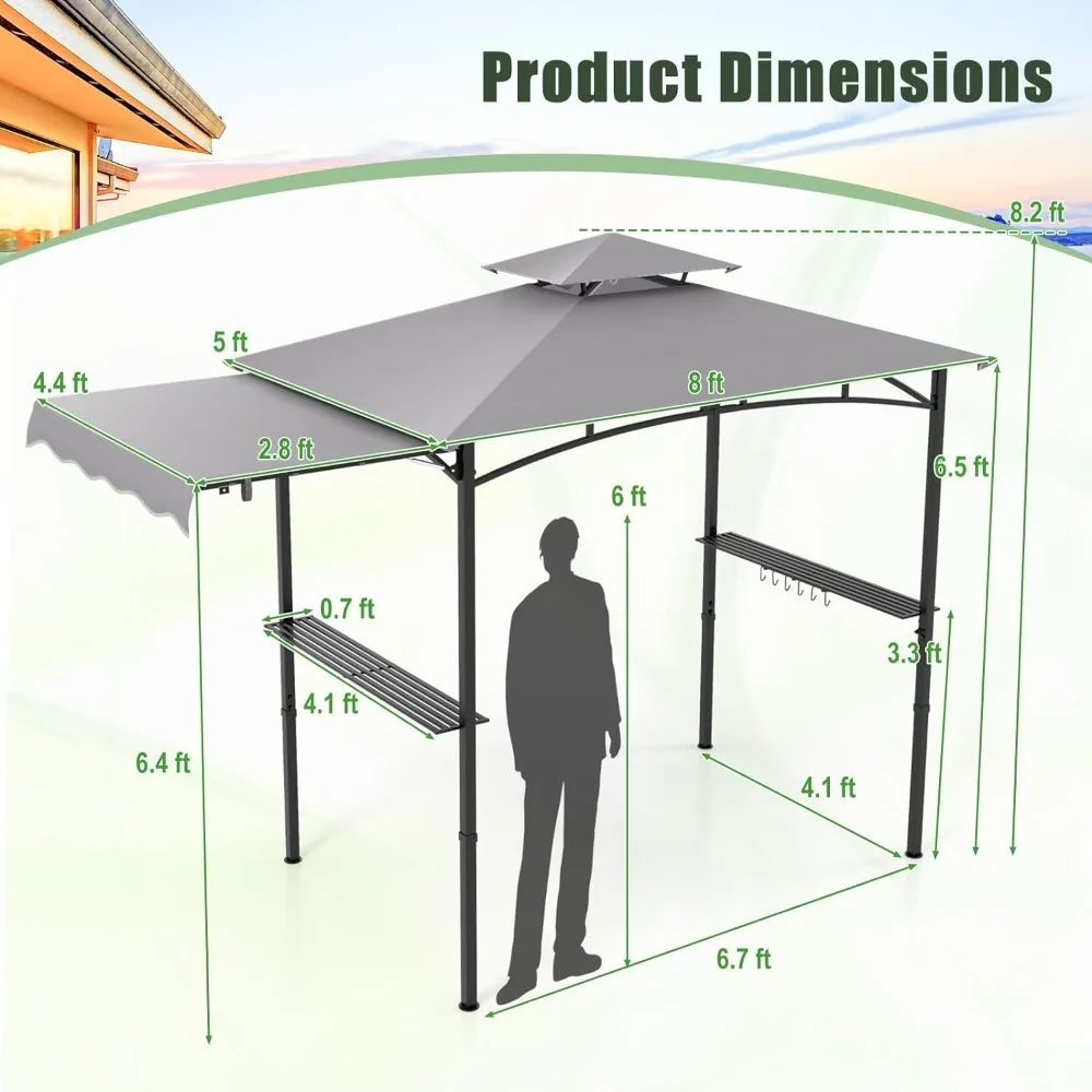 Gazebo Canopy 10.5 X 5 FT, BBQ Outdoor Barbecue Canopy, 2 Side Shelves, Hanging Hooks, Bottle Opener, Metal Frame, BBQ Awnings