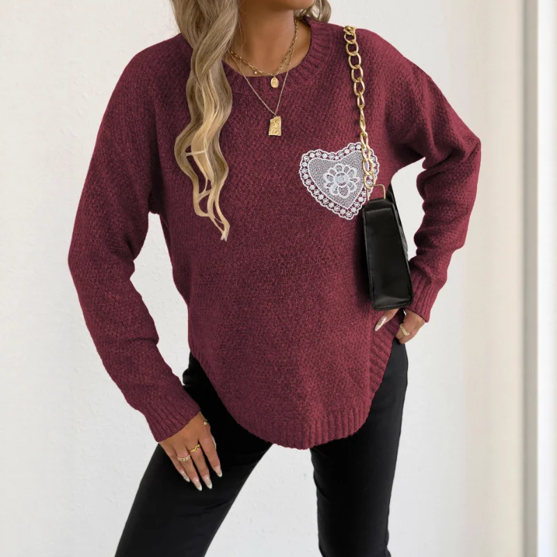 

Women's Quilted Fleece Top with Hollow Lace Pockets and Round Neck Pullover Sweater