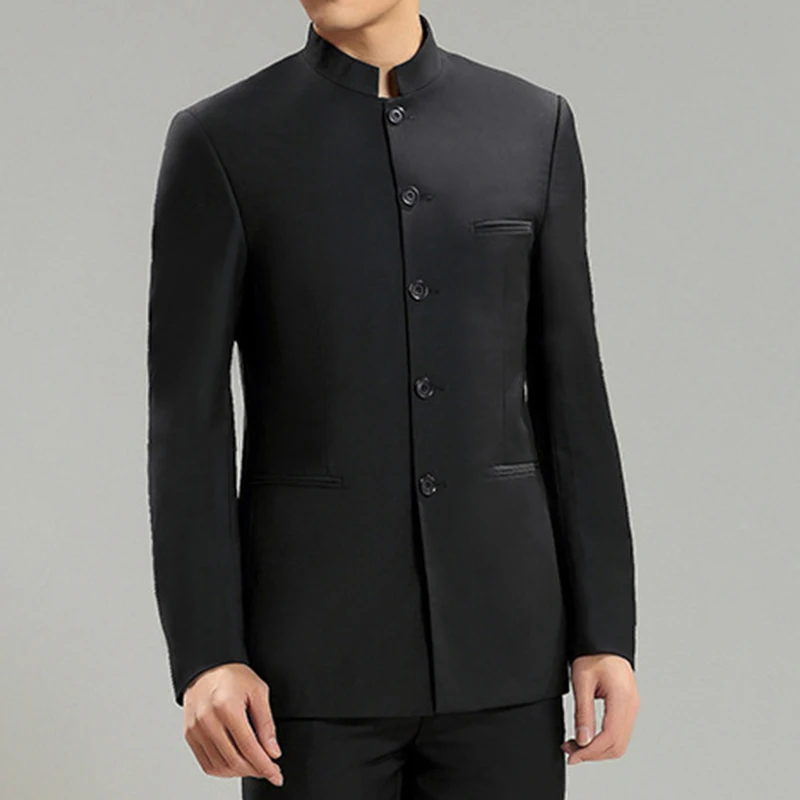 Solid Color Men Black Tunic Suit Jacket Mandarin Collar Single Breasted Chinese Style Mens Dress Coat Zhongshan Jacket