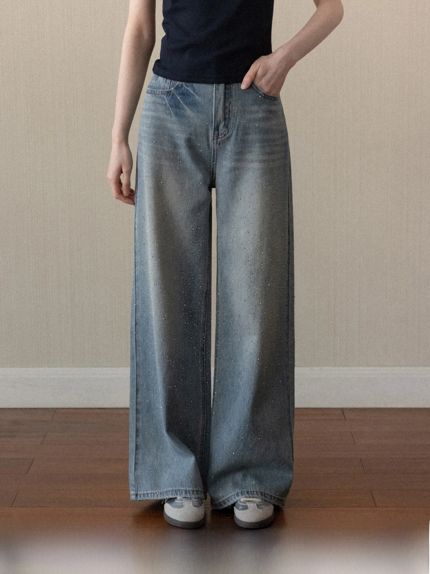 

Ретро-джинсы женские светло-голубые с высокой талией, широкими штанинами и стразами, прямого кроя, из хлопка, однотонные, повседневные, весенние