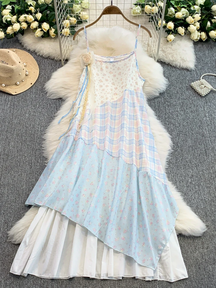 Vestido ter Floral F Novo de Verão com Design Assimétrico Estilo Coreano Material io Saia Midi de Cintura Alta