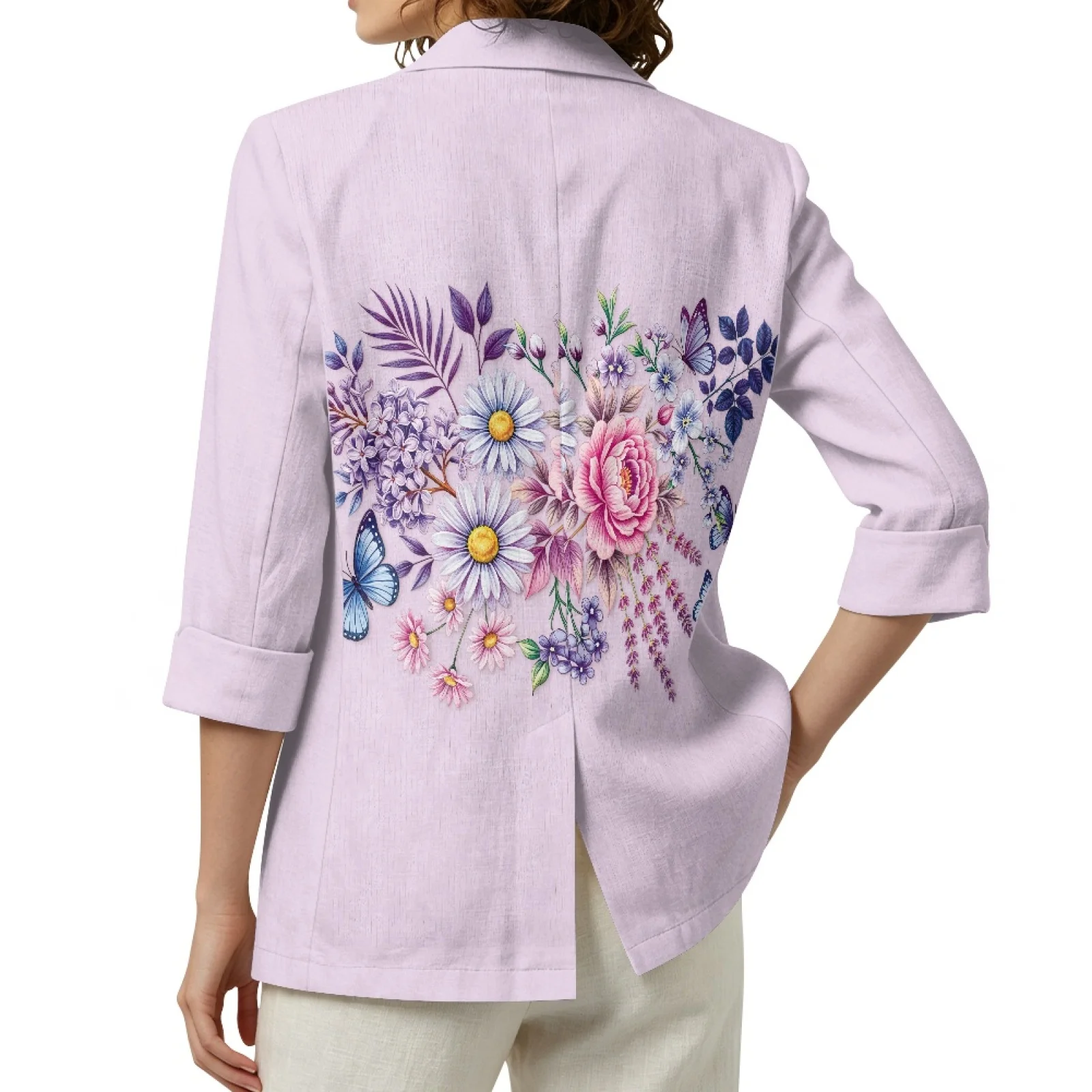 PENSTROLL Floral Butterfly Linen Like Versatile Outerwear 3/4 Sleeve Jackets for Daily Wear S-3XL