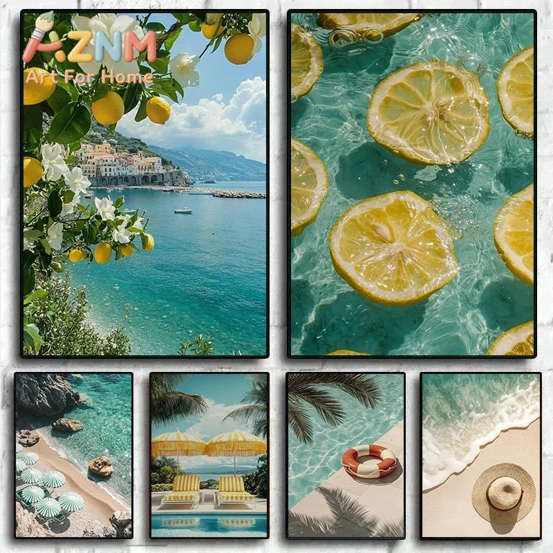 AZNM Summer Beach Vacation Canvas Wall Art Sea View Swimming Pool Lemon Ocean Scenery Print Unframed Canvas Poster for Living Ro
