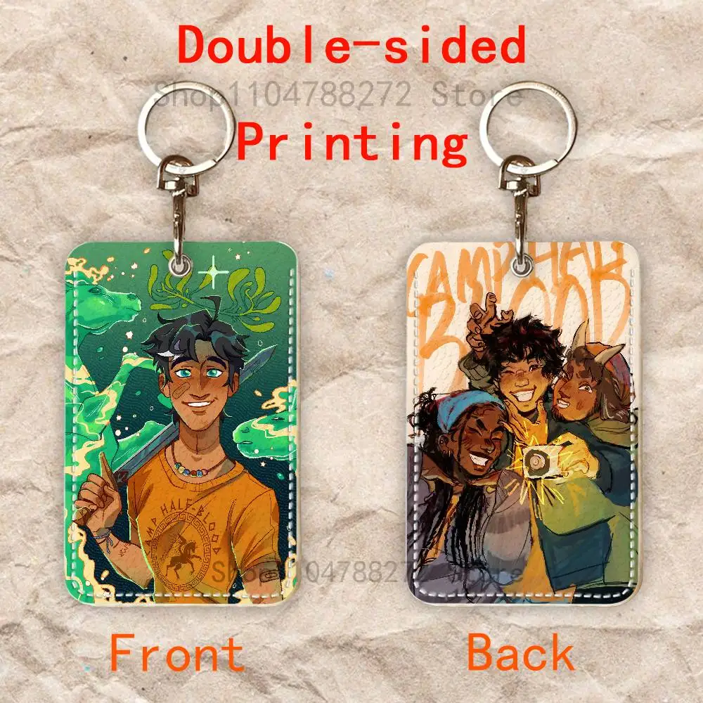 P-Percy J-Jackson Rectangle Card Case Keychain Access Card Bag Key Tag Ring Leather Card Holder Key Ring Access