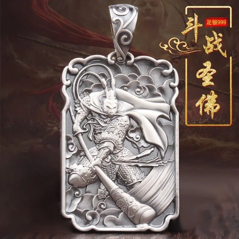 Solid 999 Silver Monkey King Buddha Pendant Vintage Bold Adjustable Chain for Men Victorious Fighting Deity Antiqued Finish Gift