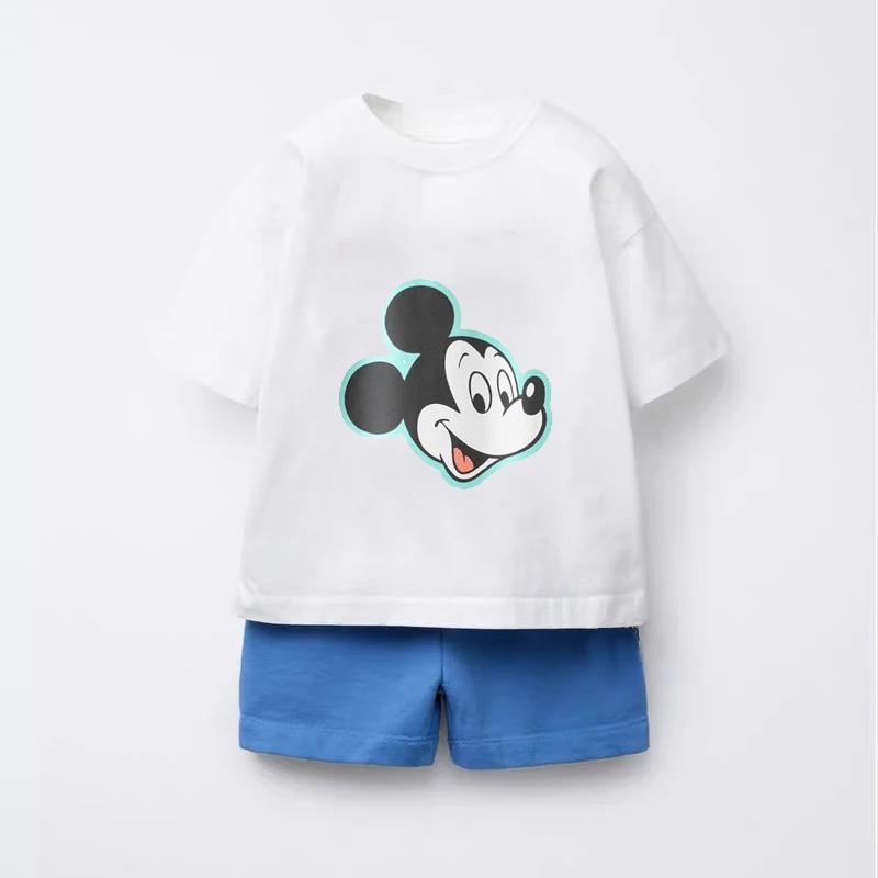 Boys Casual Sports Clothes Summer Clothes New Short Sleeve Outfits Mickey Tshirt Blue Shorts 2pcs Kids Cartoon Tshirt+Shorts