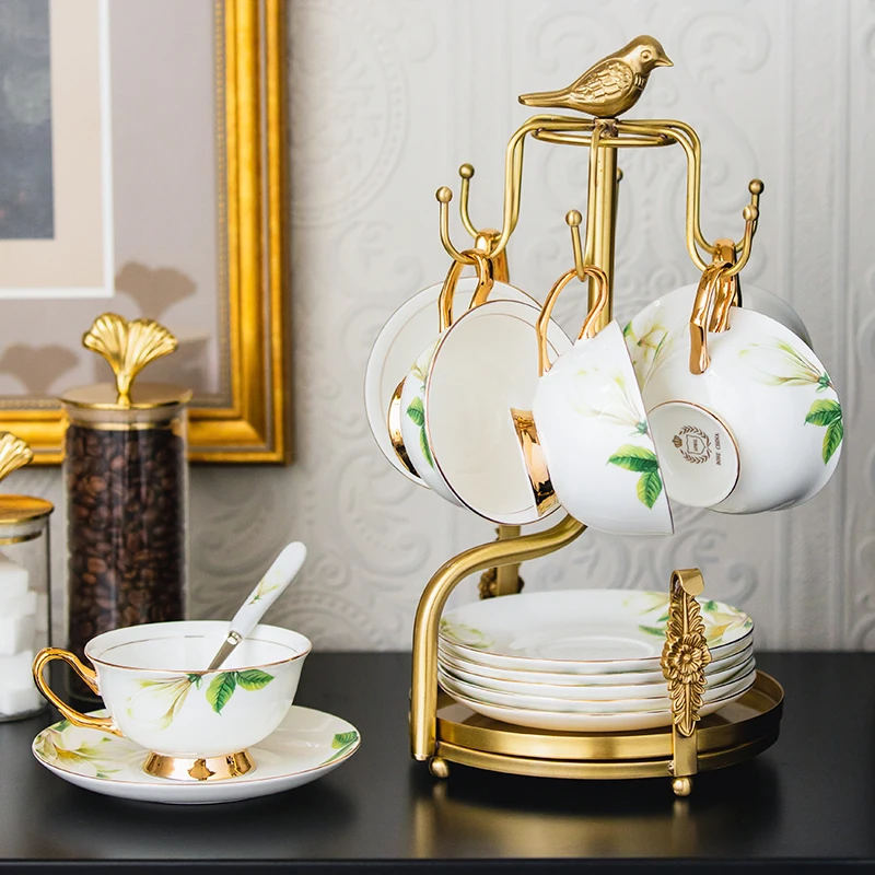 Coffee cup rack European light luxury brass household cup and saucer storage hanger living room dining table