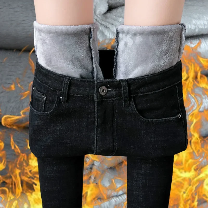 冬用スキニーデニムスリムペンシルパンツ暖かいベルベットハイウエストジーンズ女性用ストレッチデニムトラウザーズ婦人服