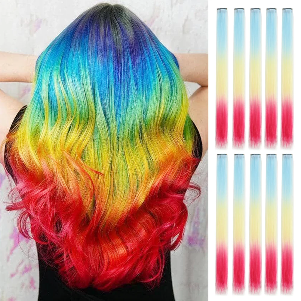 

10 шт., заколки с эффектом омбре, прямые синтетические волосы для наращивания, разноцветные вечерние блики для девочек, косплей на Хэллоуин
