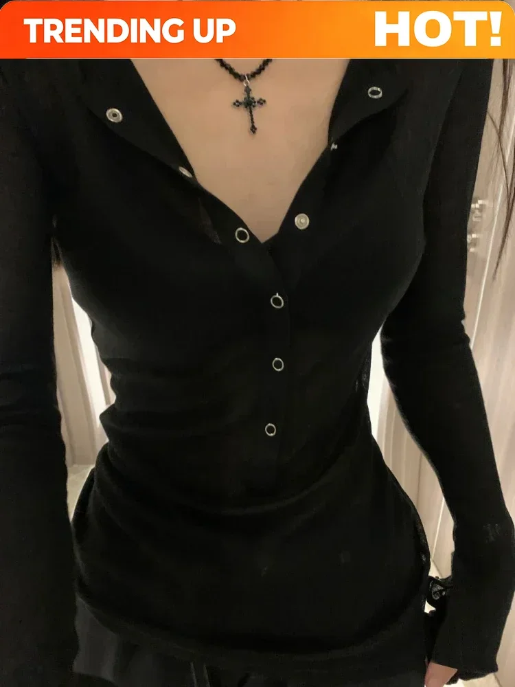 Customization Korean Chic Design Long Sleeved Tops Women Sexy V-neck Slim Hot Girl Button T-shirt Solid Spring Autumn Y2k